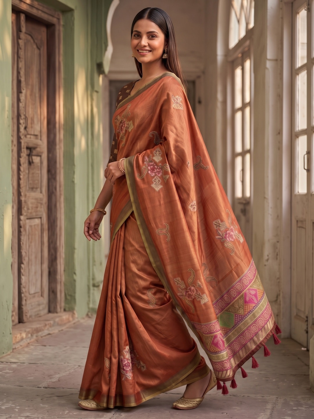 Peachmode Rust Rose Patch Erode Silk Digital Print Saree With Aari Work And Tassels - Image 2