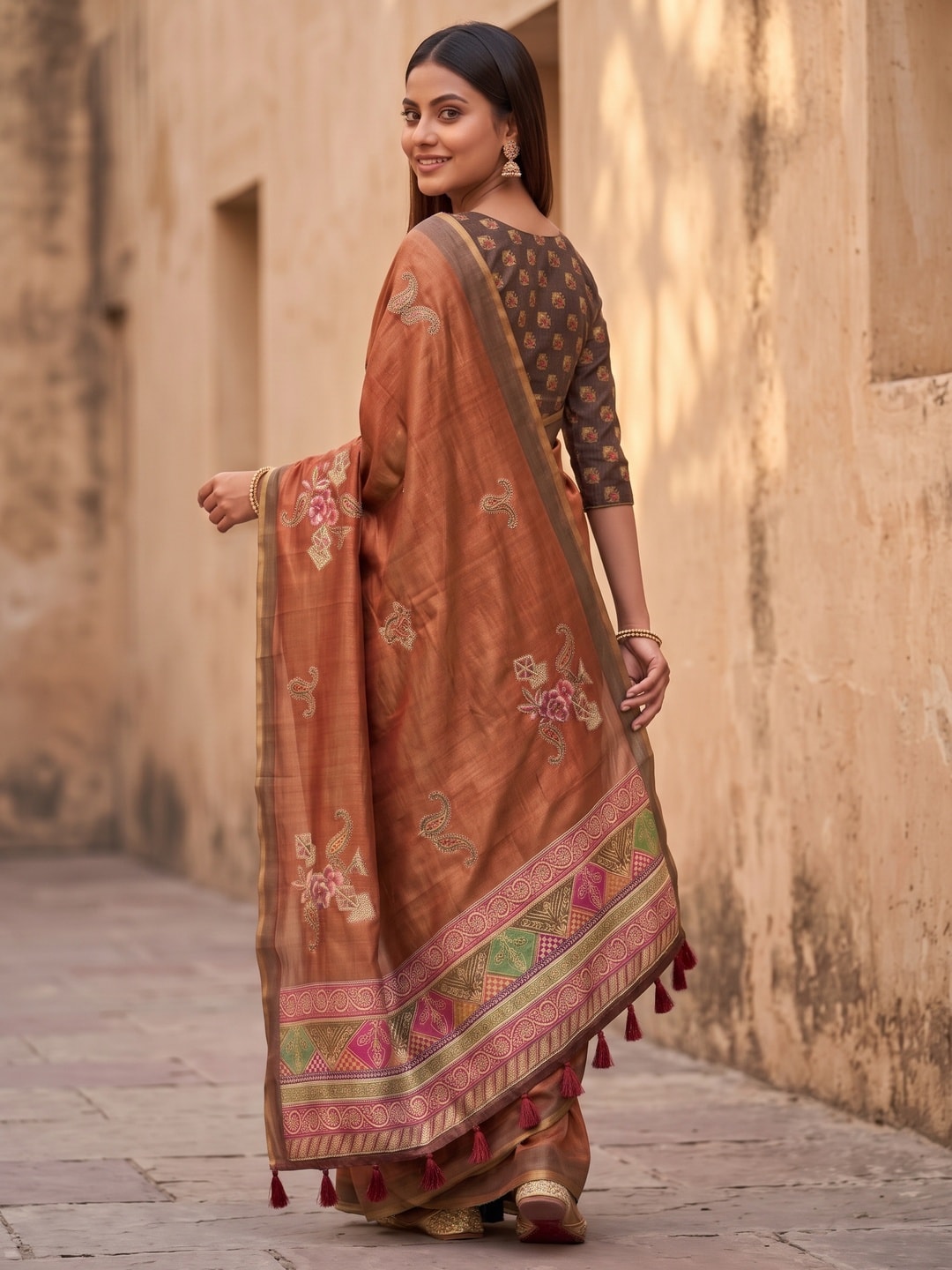 Peachmode Rust Rose Patch Erode Silk Digital Print Saree With Aari Work And Tassels - Image 4