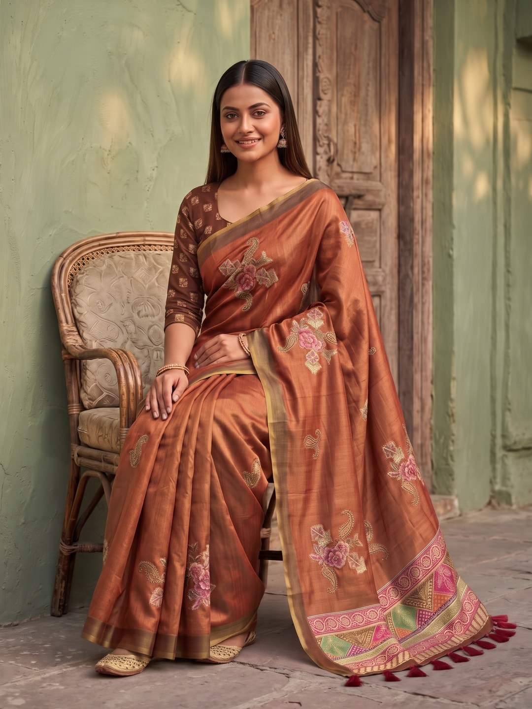 Peachmode Rust Rose Patch Erode Silk Digital Print Saree With Aari Work And Tassels - Image 5