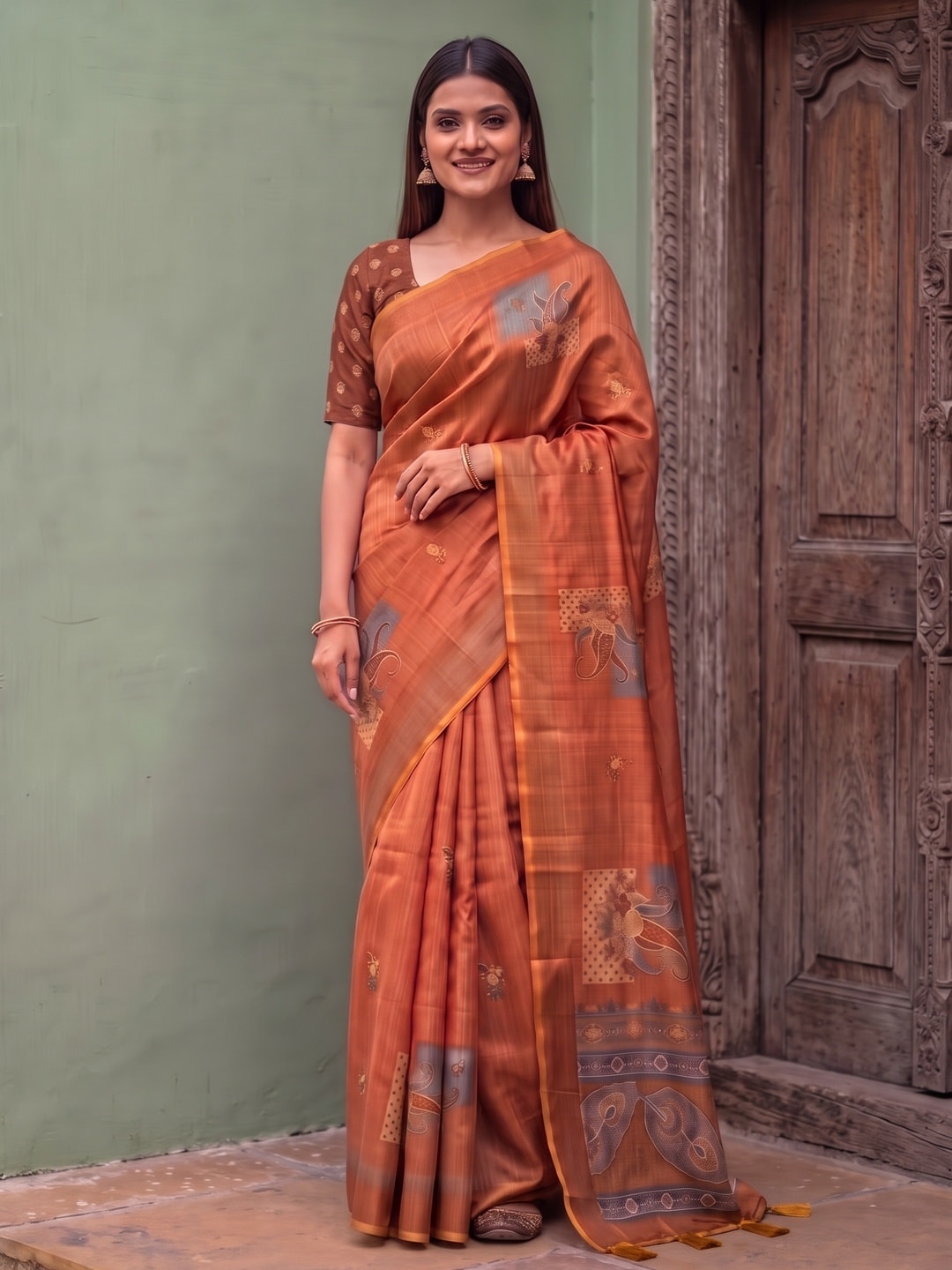 Peachmode Orange Square Patch Erode Silk Digital Print Saree With Aari Work And Tassels - Image 1