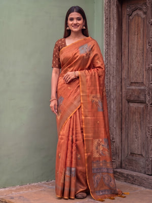Peachmode Orange Square Patch Erode Silk Digital Print Saree With Aari Work And Tassels - Image 1