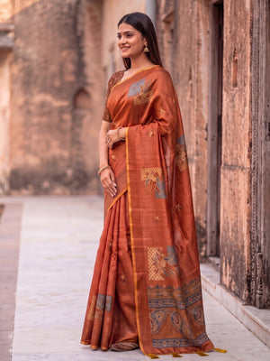 Peachmode Orange Square Patch Erode Silk Digital Print Saree With Aari Work And Tassels - Image 2