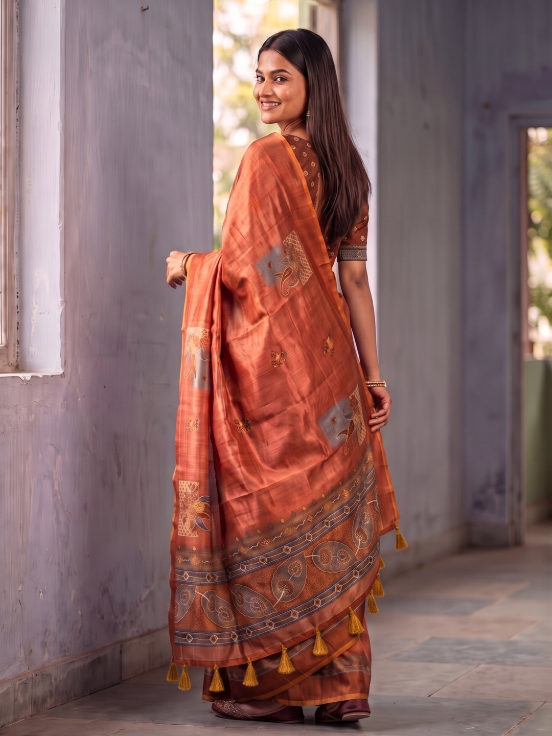 Peachmode Orange Square Patch Erode Silk Digital Print Saree With Aari Work And Tassels - Image 4