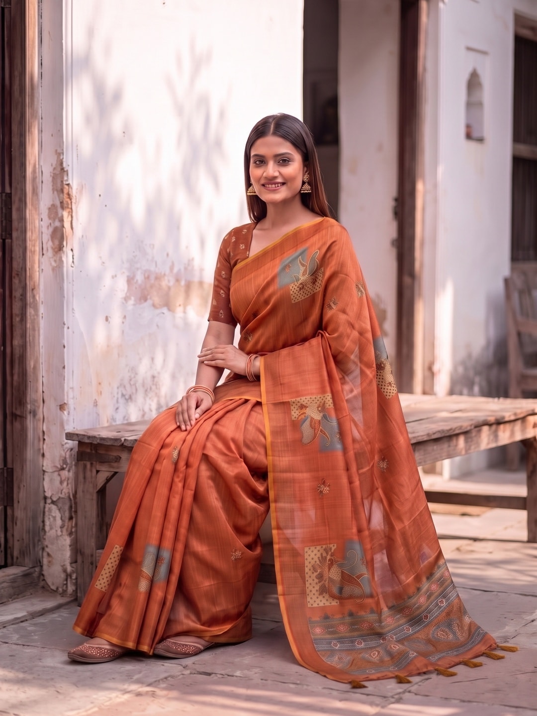 Peachmode Orange Square Patch Erode Silk Digital Print Saree With Aari Work And Tassels - Image 5