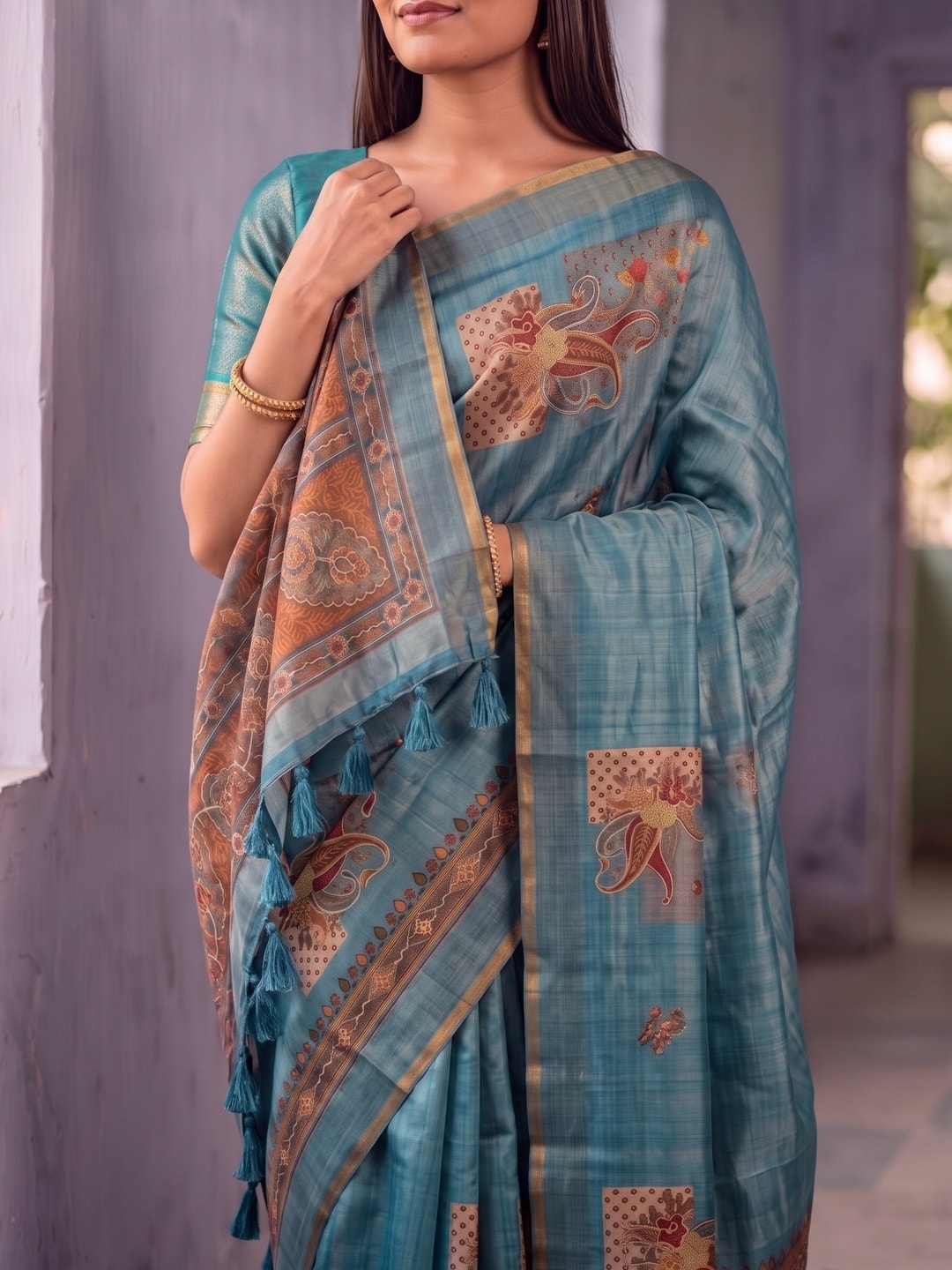 Peachmode Turquoise Square Patch Erode Silk Digital Print Saree With Aari Work And Tassels - Image 3