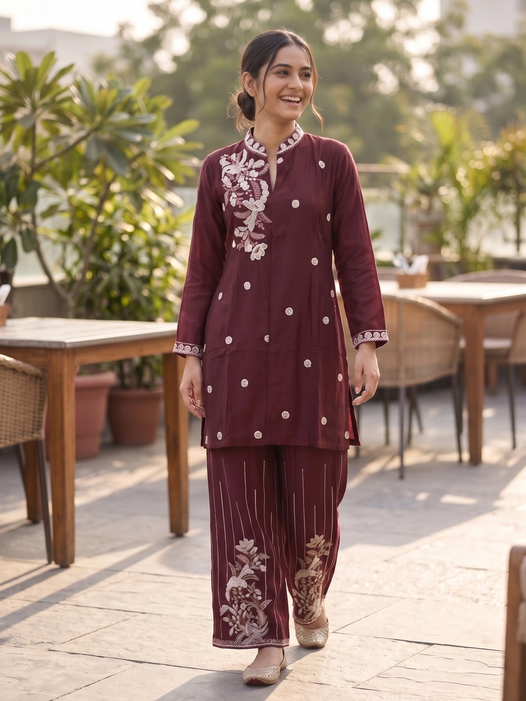 Peachmode Maroon Chinon Floral Embroidered Kurti with Palazzo Co-ord Set - Image 2
