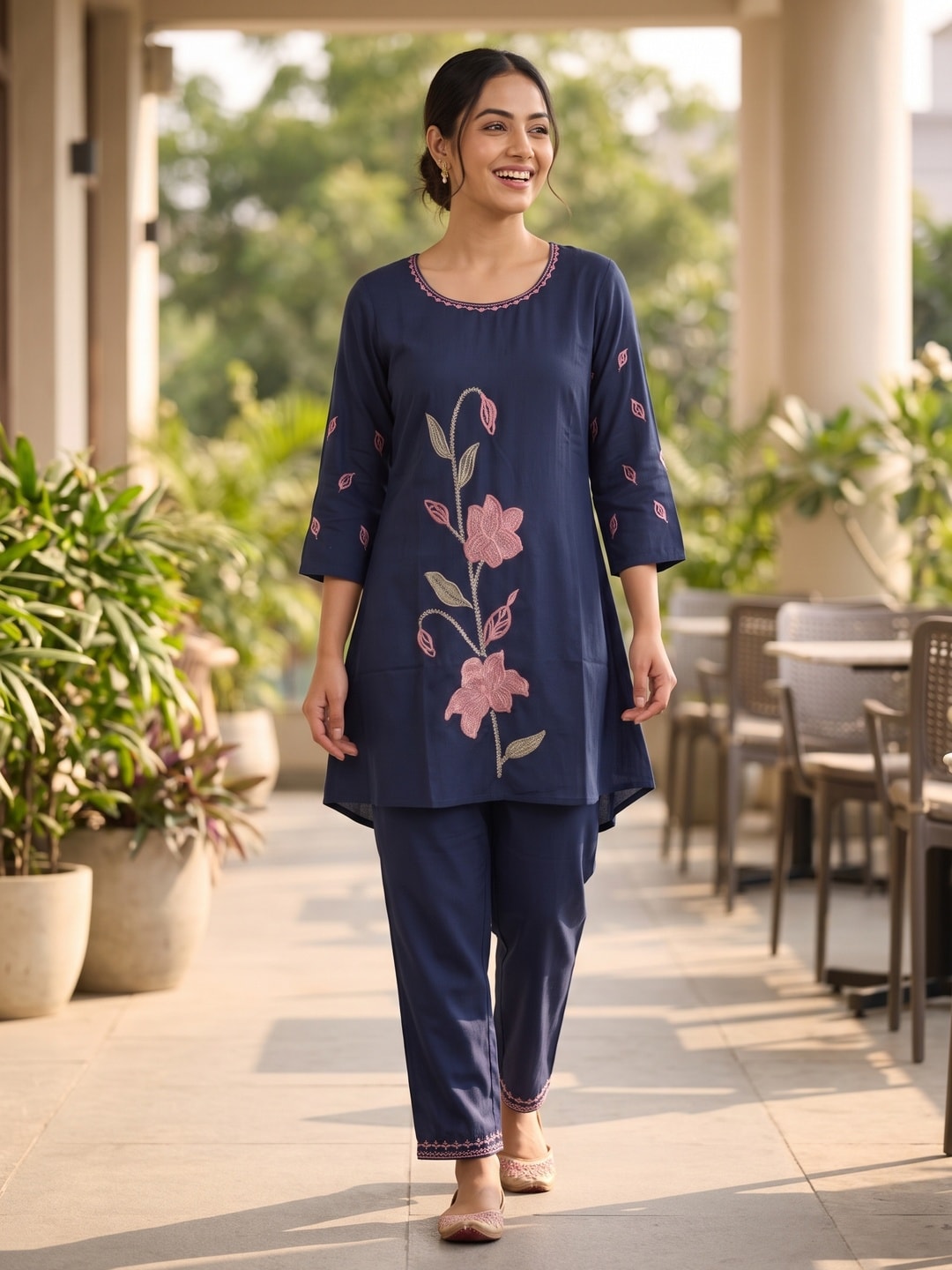 Peachmode Navy Blue Chinon Floral Applique Embroidered Top Bottom Set - Image 2