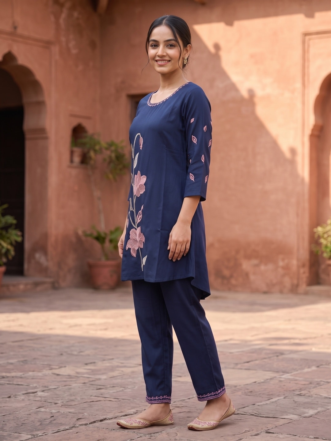 Peachmode Navy Blue Chinon Floral Applique Embroidered Top Bottom Set - Image 3