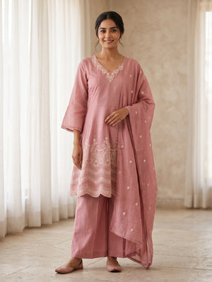 Peachmode Dusty Rose Mul Chanderi Embroidered Anarkali Salwar Suit with Dupatta - Image 1