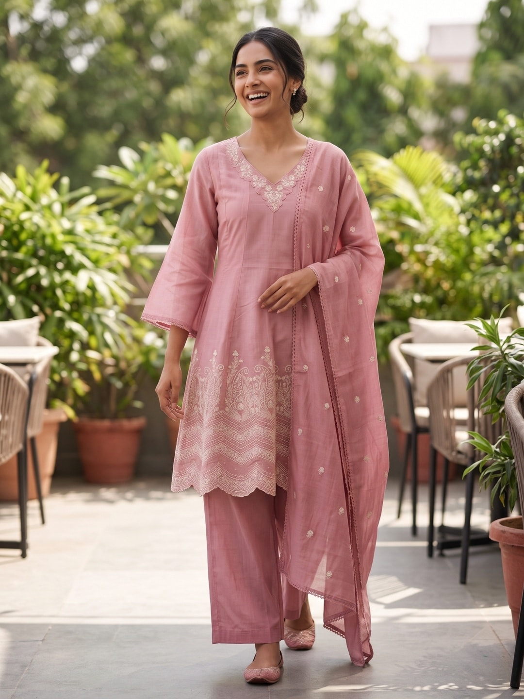 Peachmode Dusty Rose Mul Chanderi Embroidered Anarkali Salwar Suit with Dupatta - Image 2