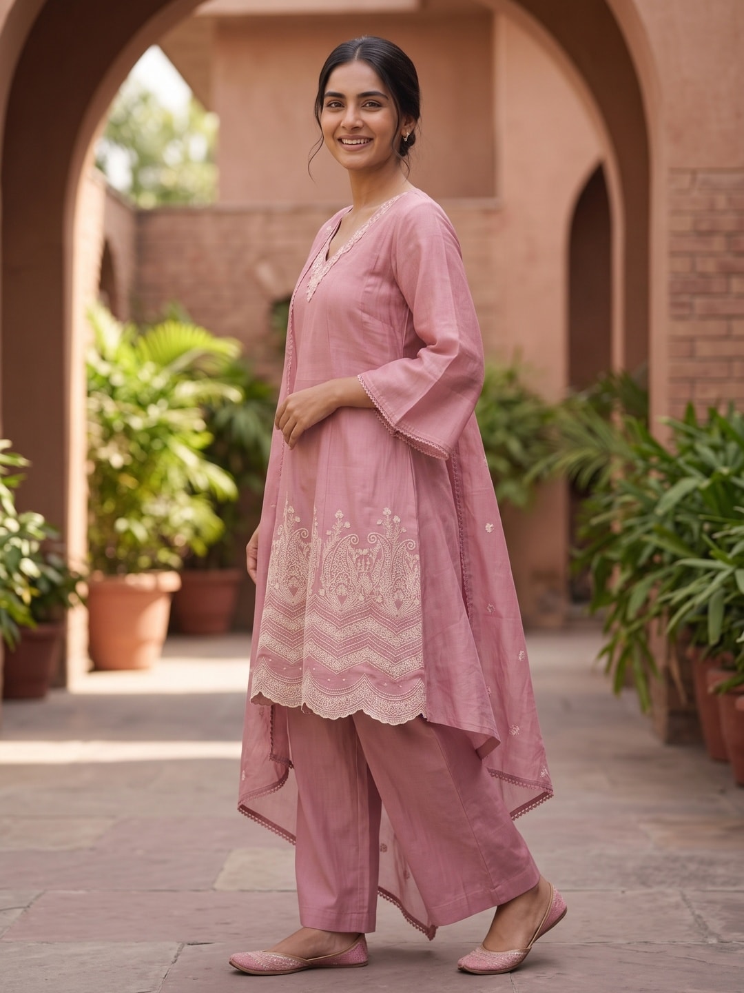 Peachmode Dusty Rose Mul Chanderi Embroidered Anarkali Salwar Suit with Dupatta - Image 3
