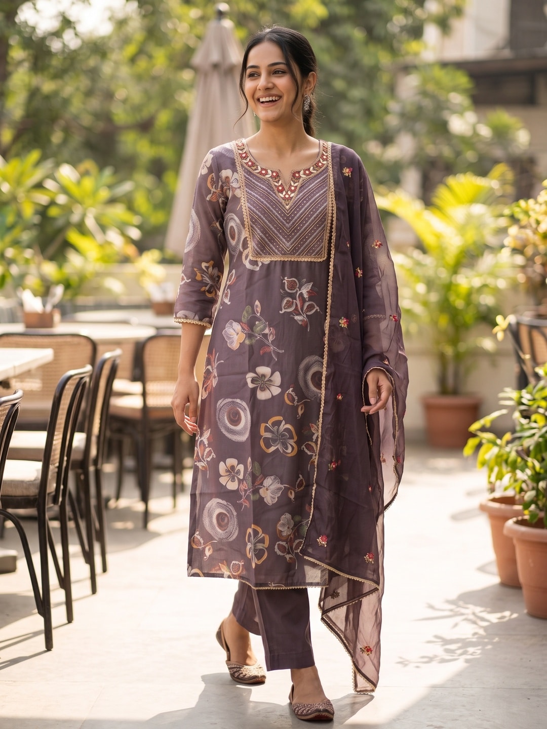 Peachmode Plum Purple Viscose Blend Printed Salwar Suit with Dupatta - Image 2