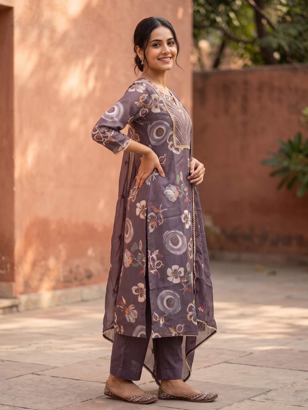 Peachmode Plum Purple Viscose Blend Printed Salwar Suit with Dupatta - Image 3