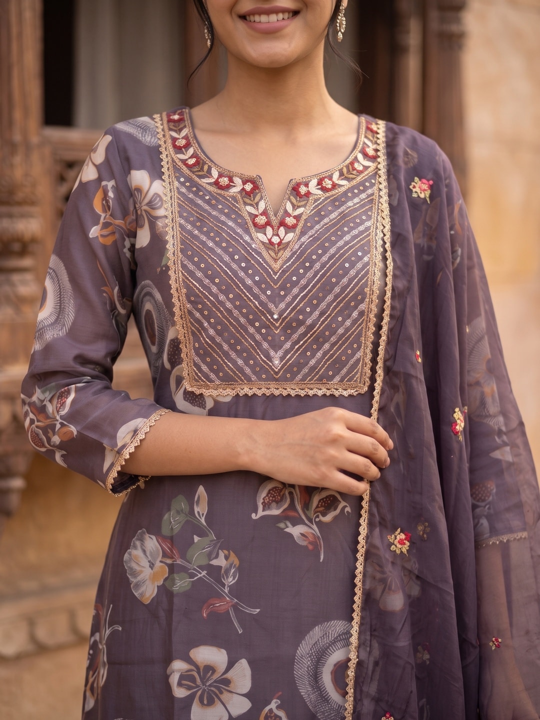 Peachmode Plum Purple Viscose Blend Printed Salwar Suit with Dupatta - Image 5