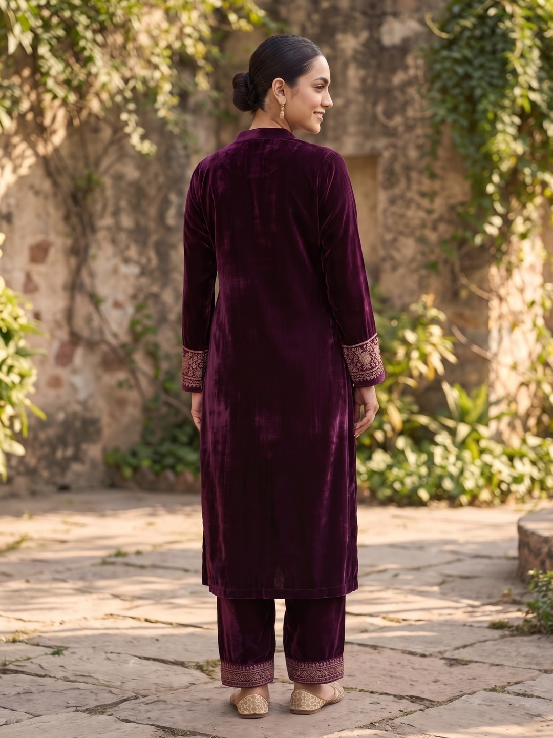 Peachmode Wine Velvet Salwar Suit with Dupatta - Image 4