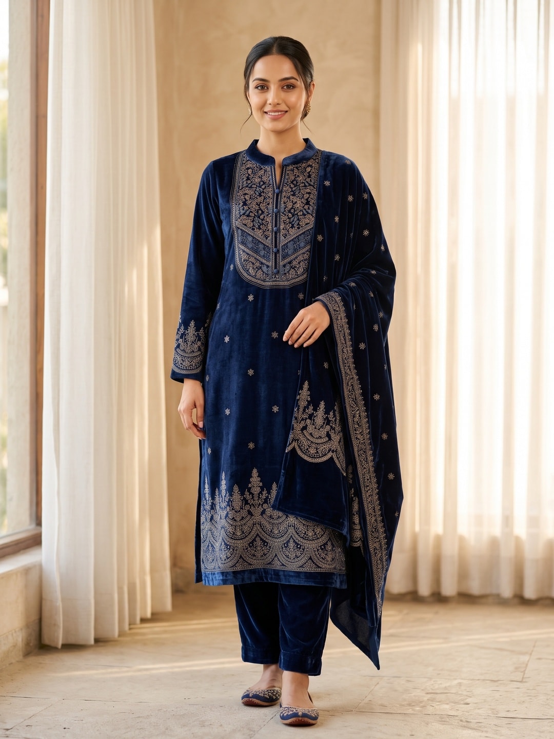 Peachmode Navy Blue Velvet Salwar Suit with Dupatta - Image 1