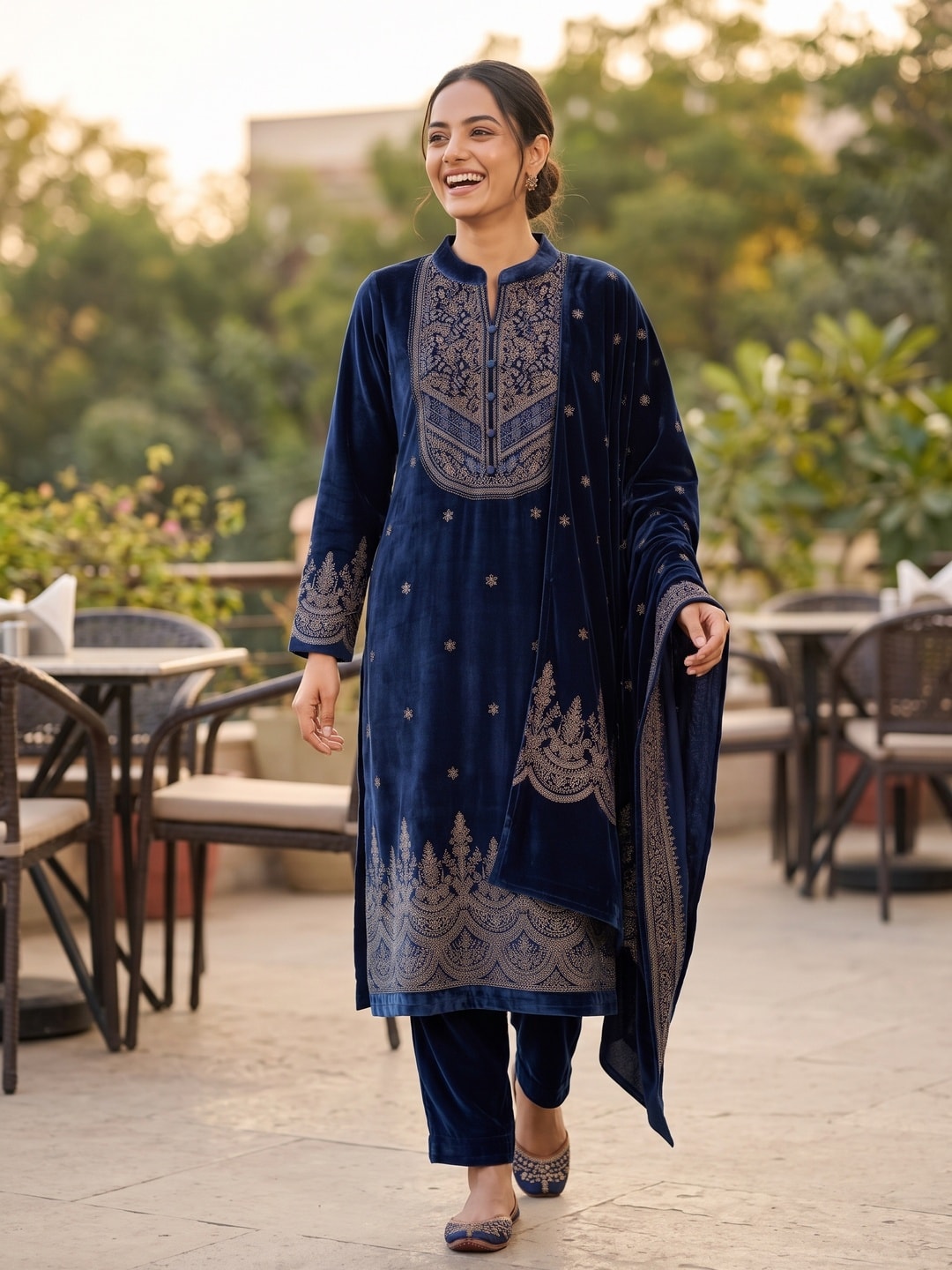 Peachmode Navy Blue Velvet Salwar Suit with Dupatta - Image 2