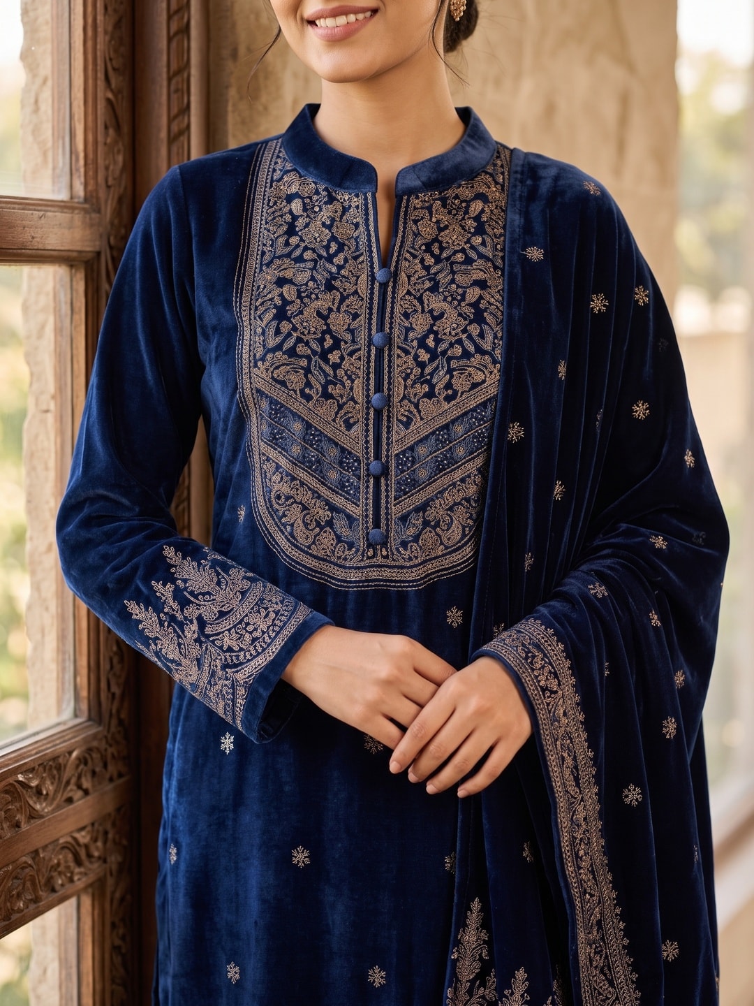 Peachmode Navy Blue Velvet Salwar Suit with Dupatta - Image 5