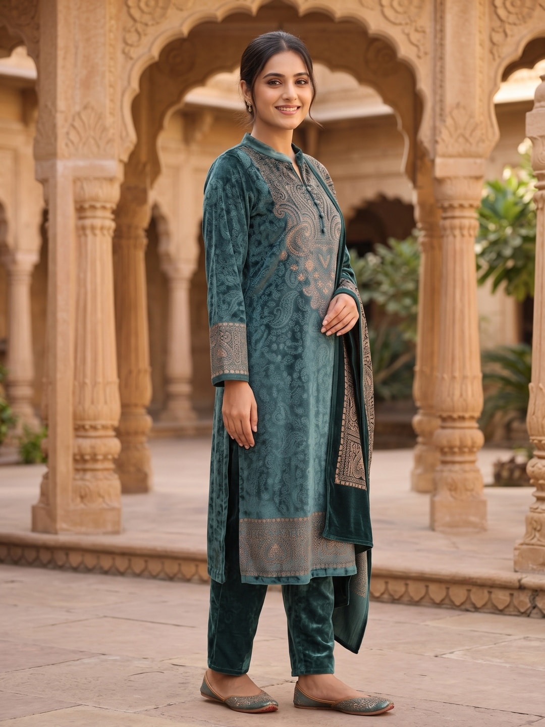 Peachmode Green Velvet Salwar Suit with Dupatta - Image 3
