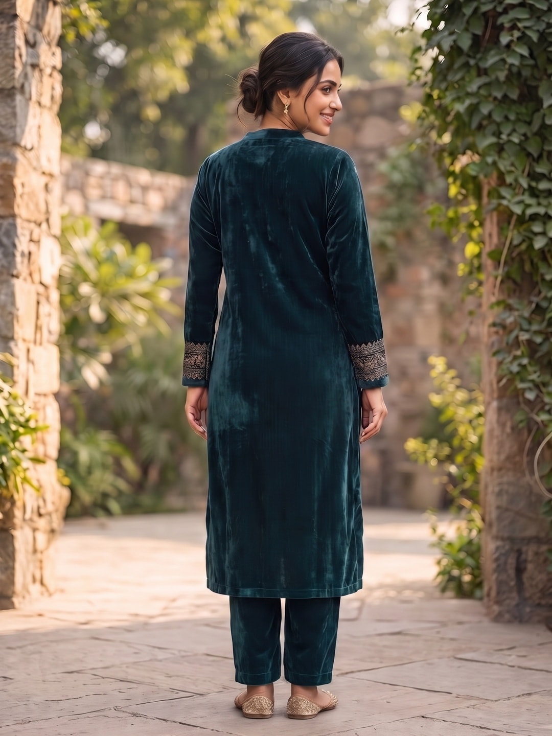 Peachmode Olive Velvet Salwar Suit with Dupatta - Image 4