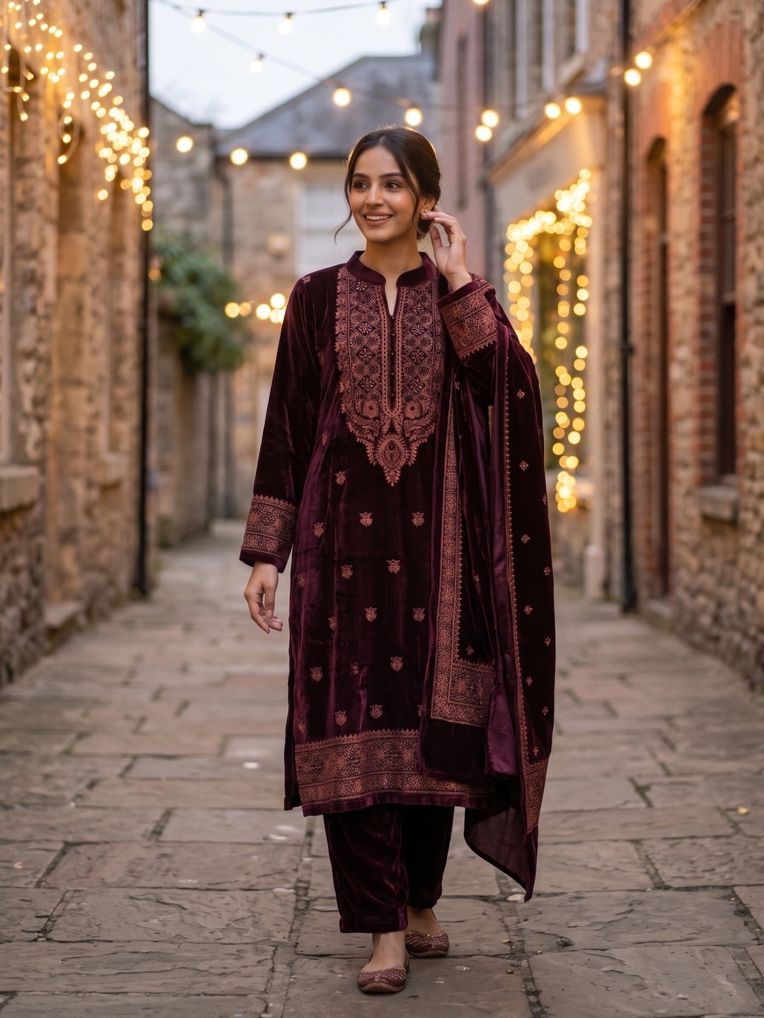 Peachmode Wine Velvet Salwar Suit with Dupatta - Image 2