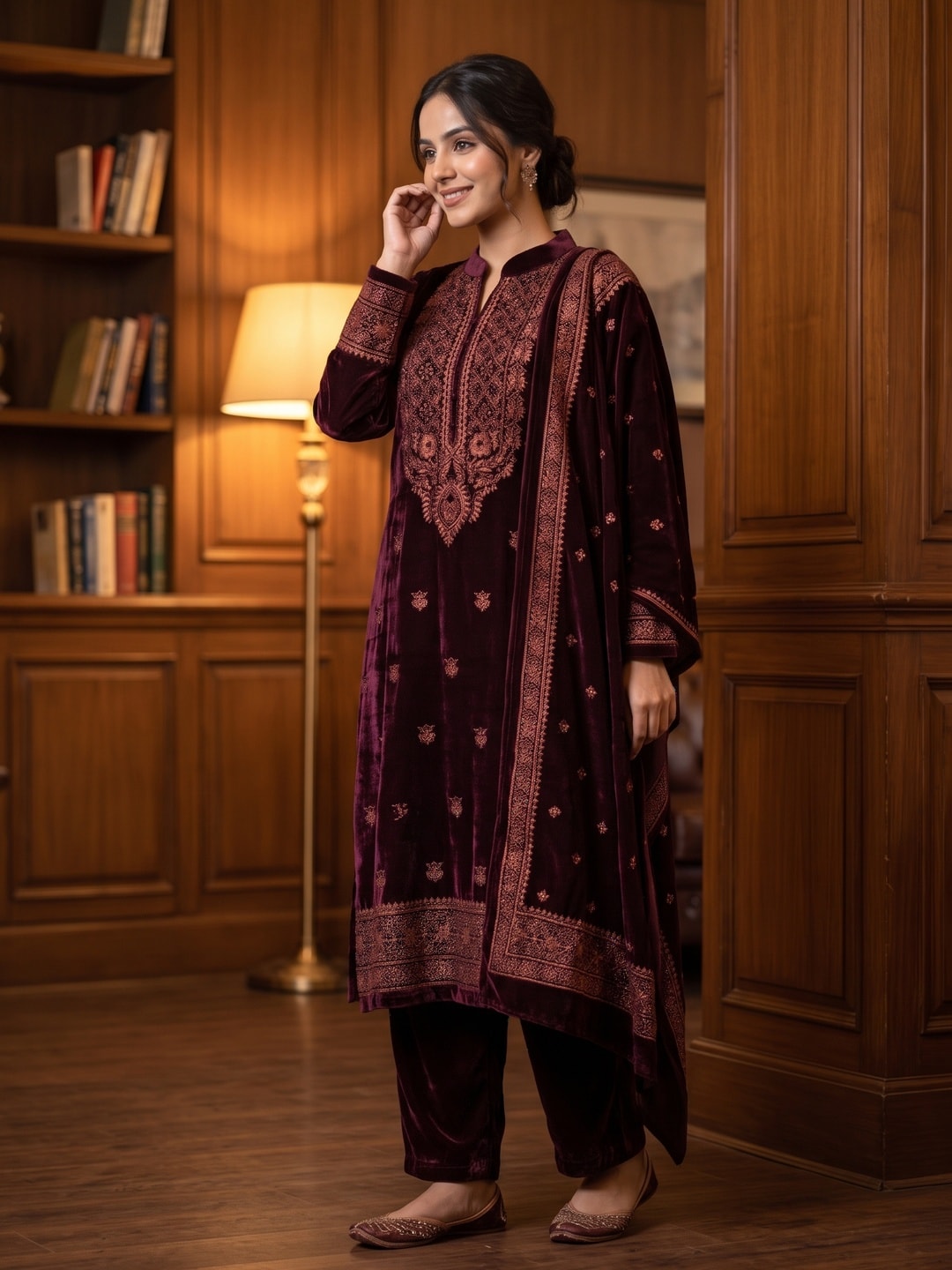 Peachmode Wine Velvet Salwar Suit with Dupatta - Image 3