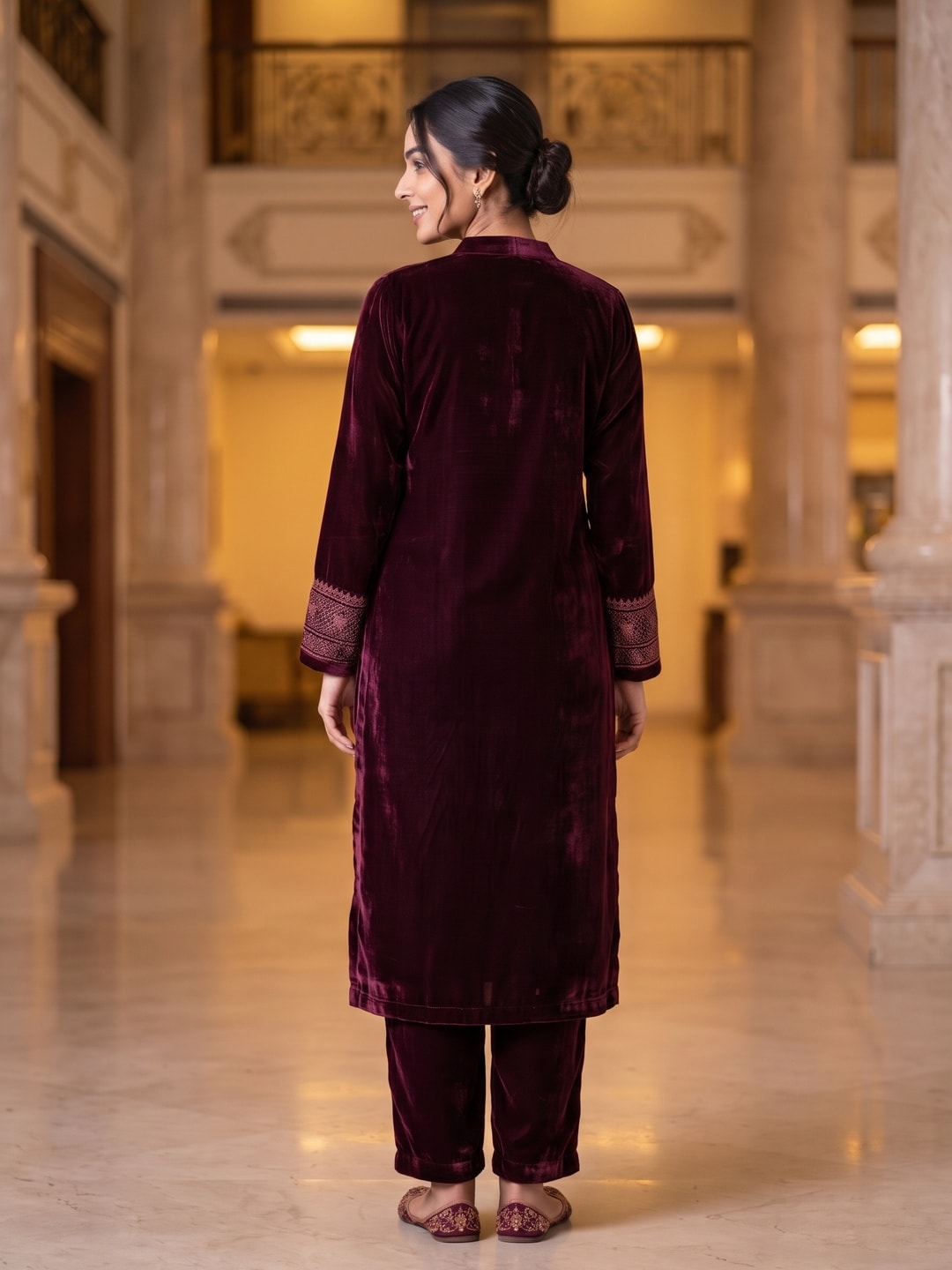 Peachmode Wine Velvet Salwar Suit with Dupatta - Image 4