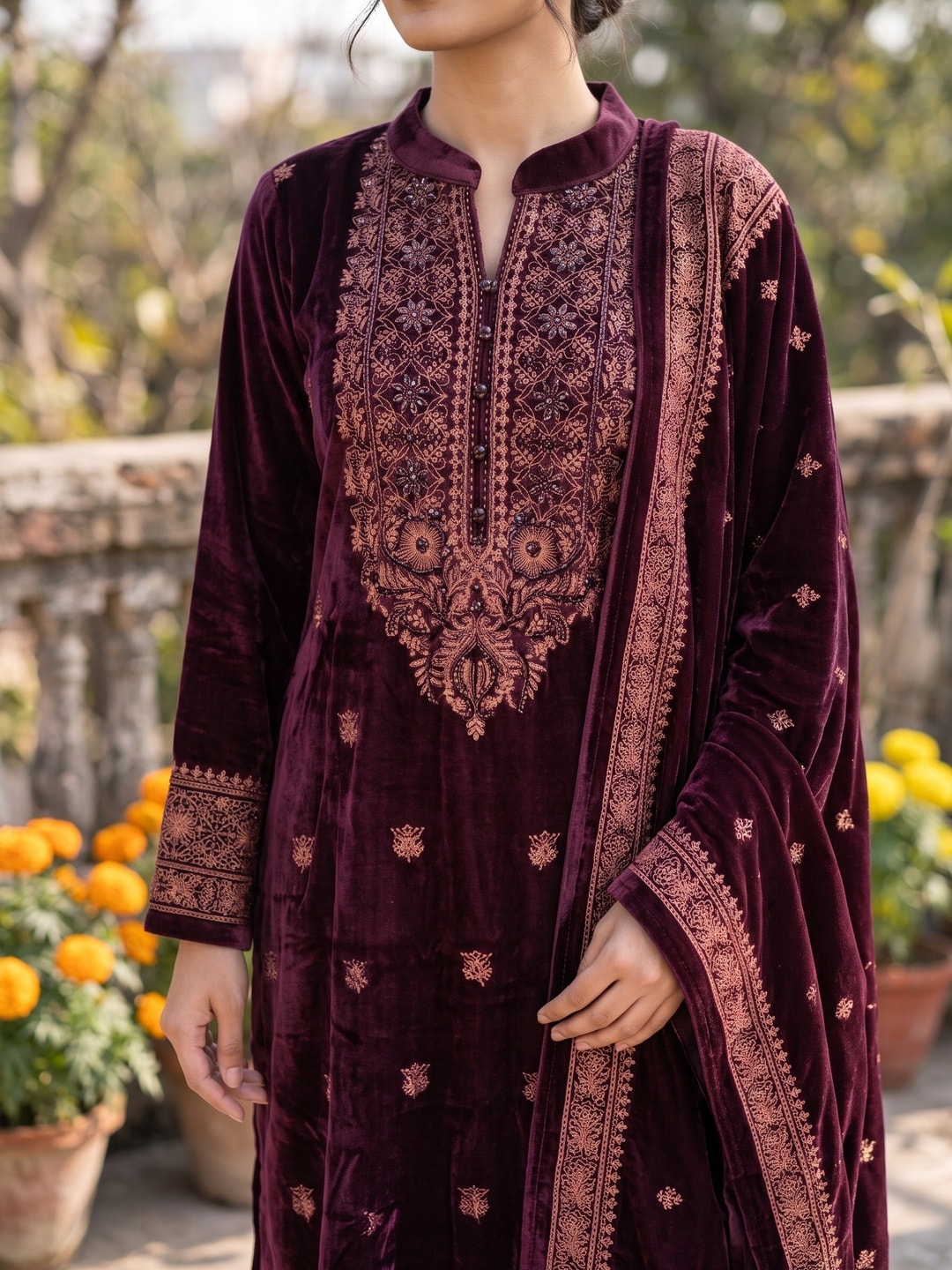 Peachmode Wine Velvet Salwar Suit with Dupatta - Image 5