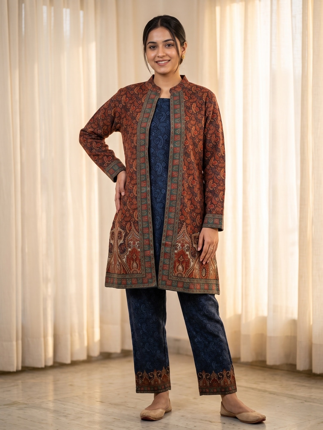 Peachmode Rust Printed Woolen Top Bottom Set - Image 1