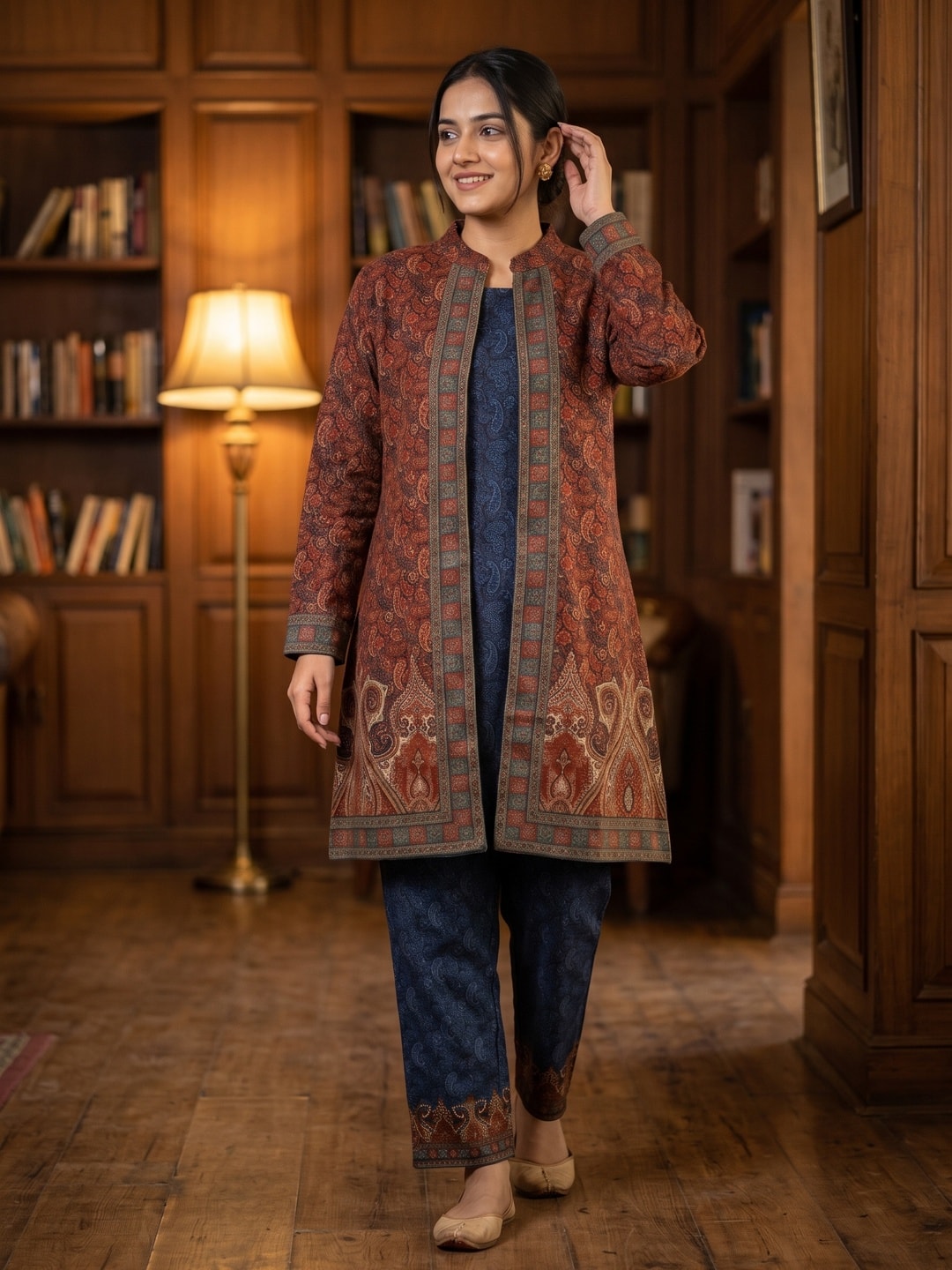 Peachmode Rust Printed Woolen Top Bottom Set - Image 2