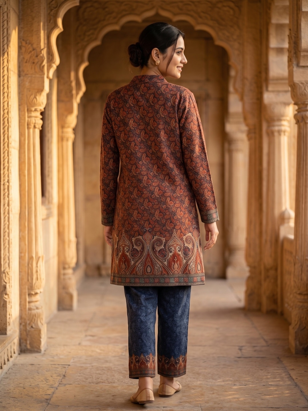 Peachmode Rust Printed Woolen Top Bottom Set - Image 4
