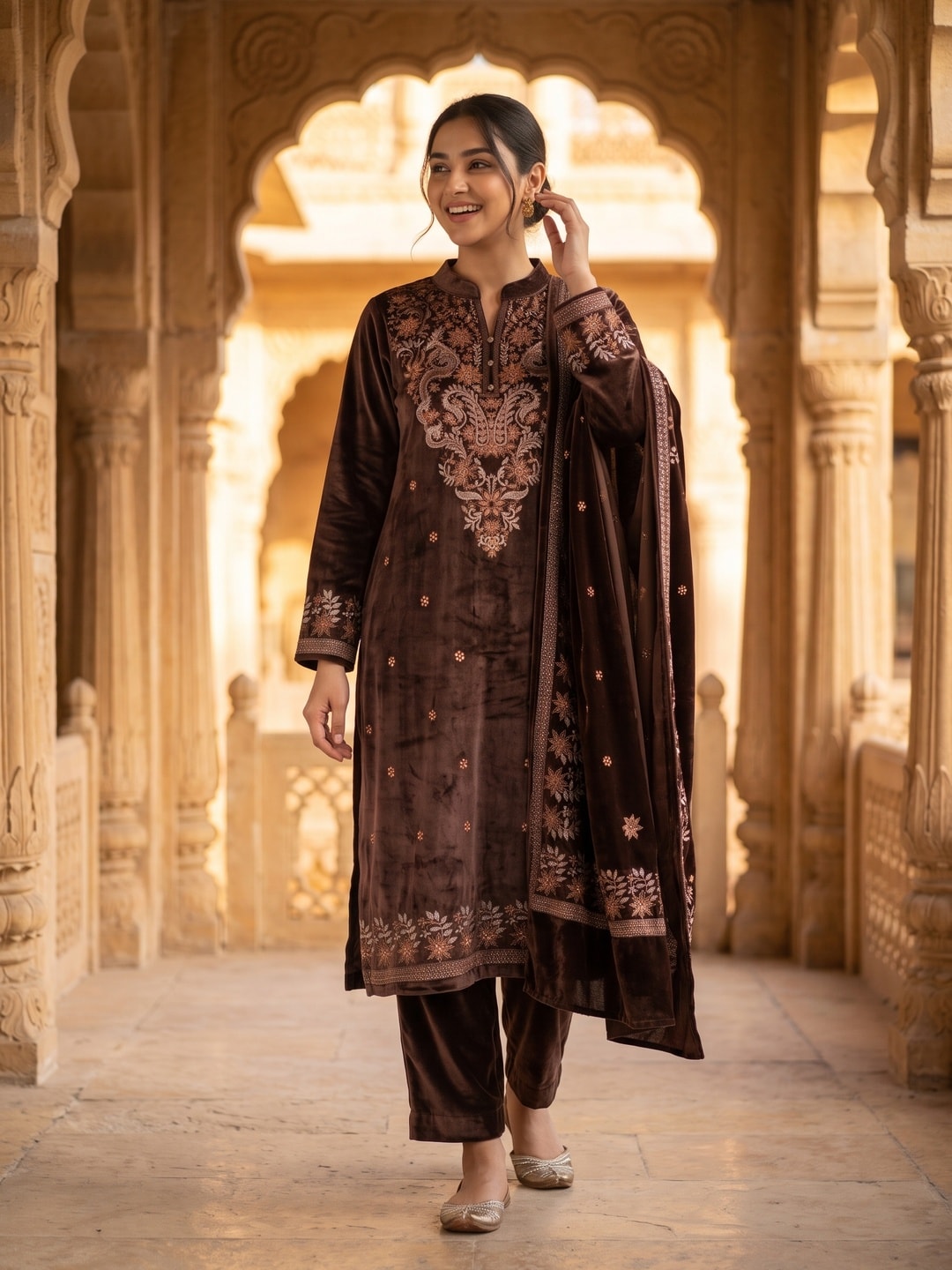 Peachmode Brown Velvet Salwar Suit with Dupatta - Image 2