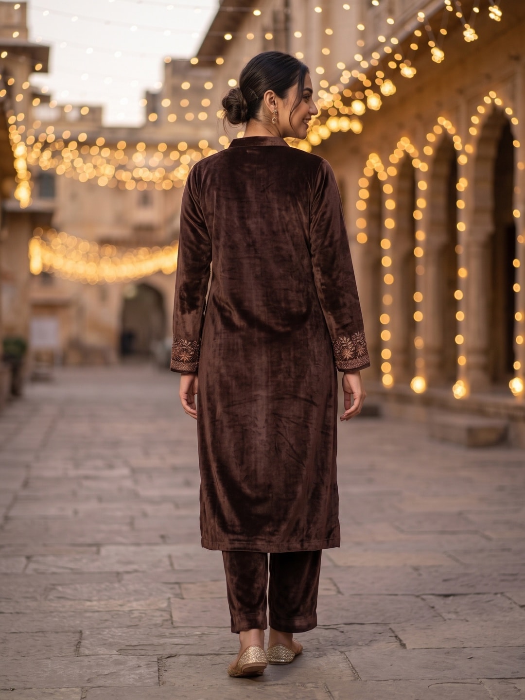 Peachmode Brown Velvet Salwar Suit with Dupatta - Image 4
