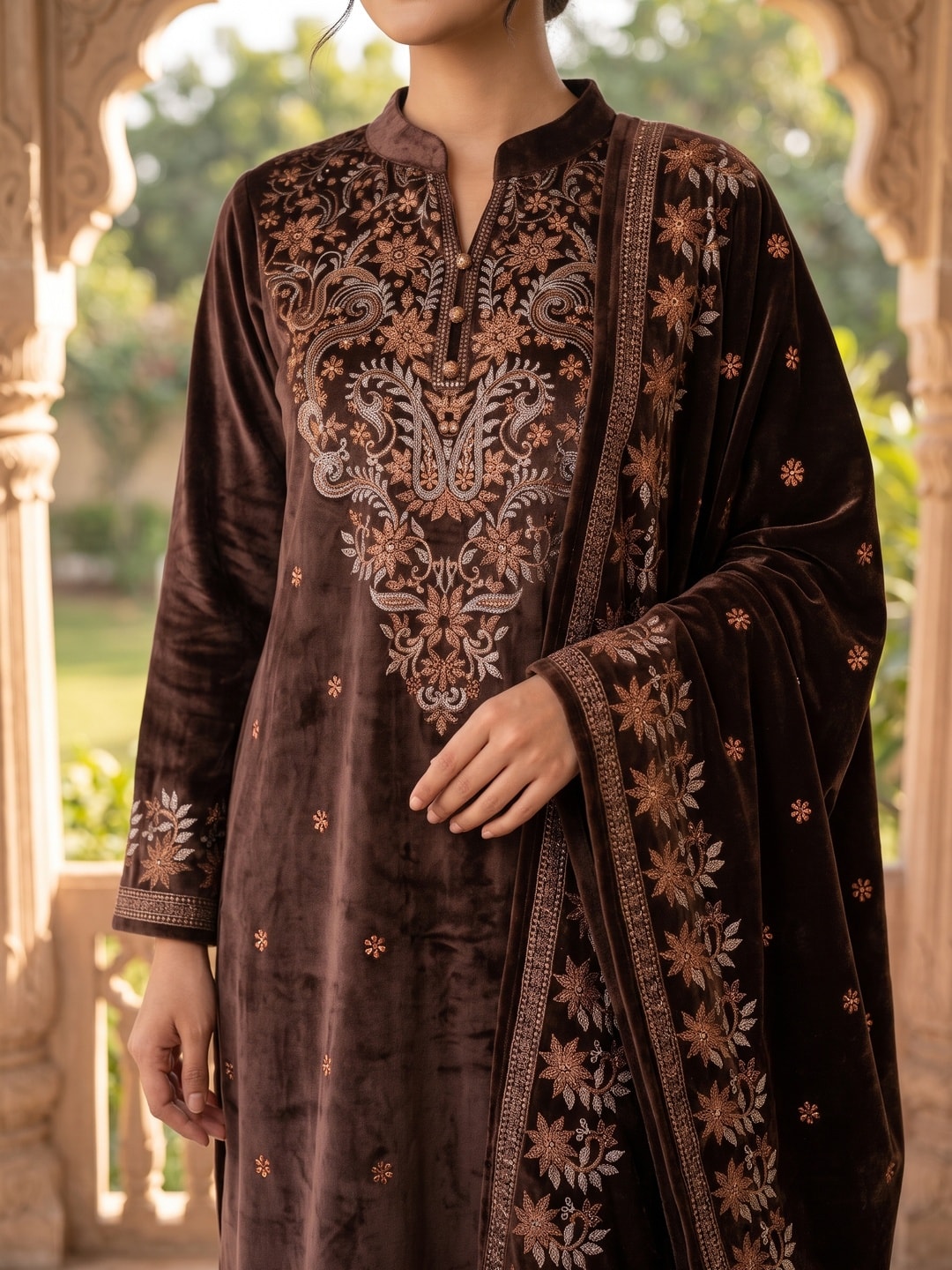Peachmode Brown Velvet Salwar Suit with Dupatta - Image 5