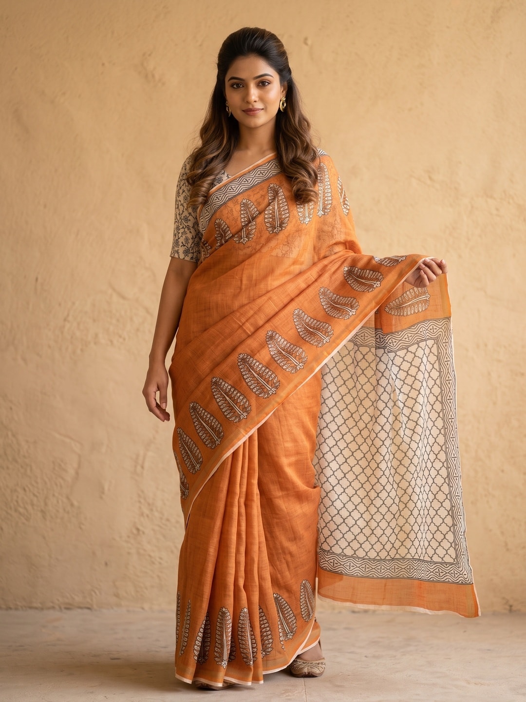 Peachmode Orange Soft Linen Digital Printed Saree With Jhumka Pallu - Image 1