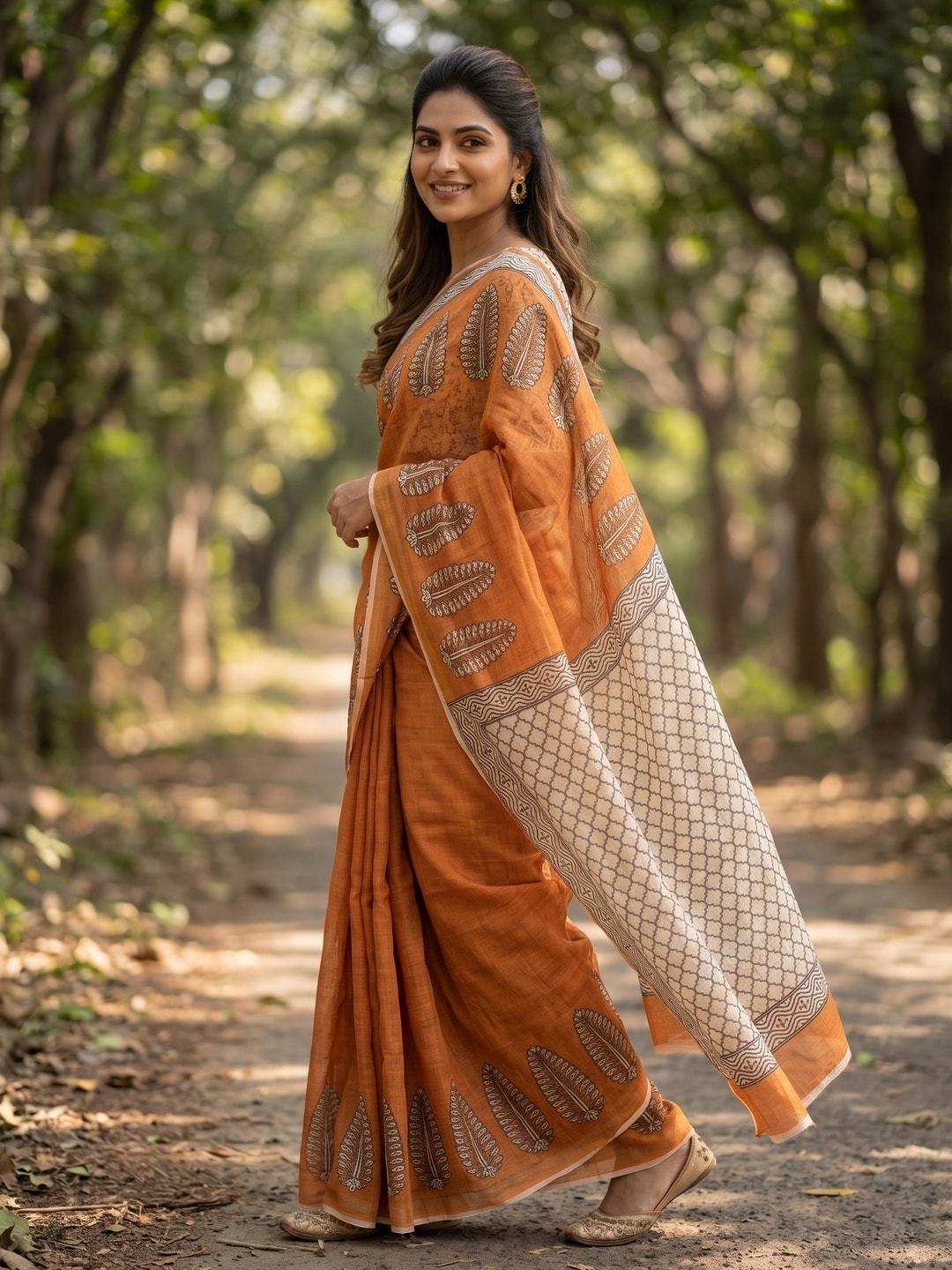 Peachmode Orange Soft Linen Digital Printed Saree With Jhumka Pallu - Image 2