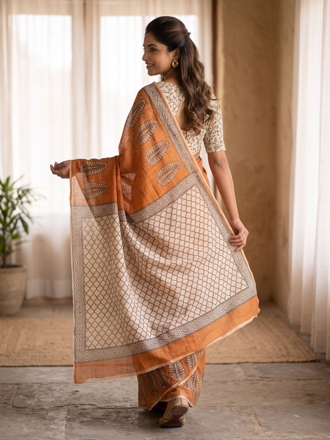 Peachmode Orange Soft Linen Digital Printed Saree With Jhumka Pallu - Image 4