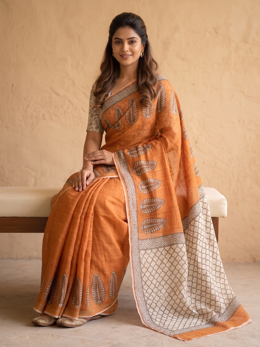 Peachmode Orange Soft Linen Digital Printed Saree With Jhumka Pallu - Image 5