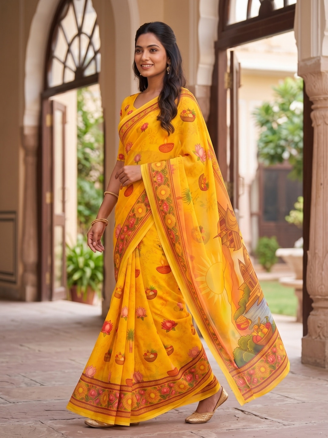 Peachmode Yellow Georgette Digital Printed Festival Saree With Jhaler Pallu - Image 2