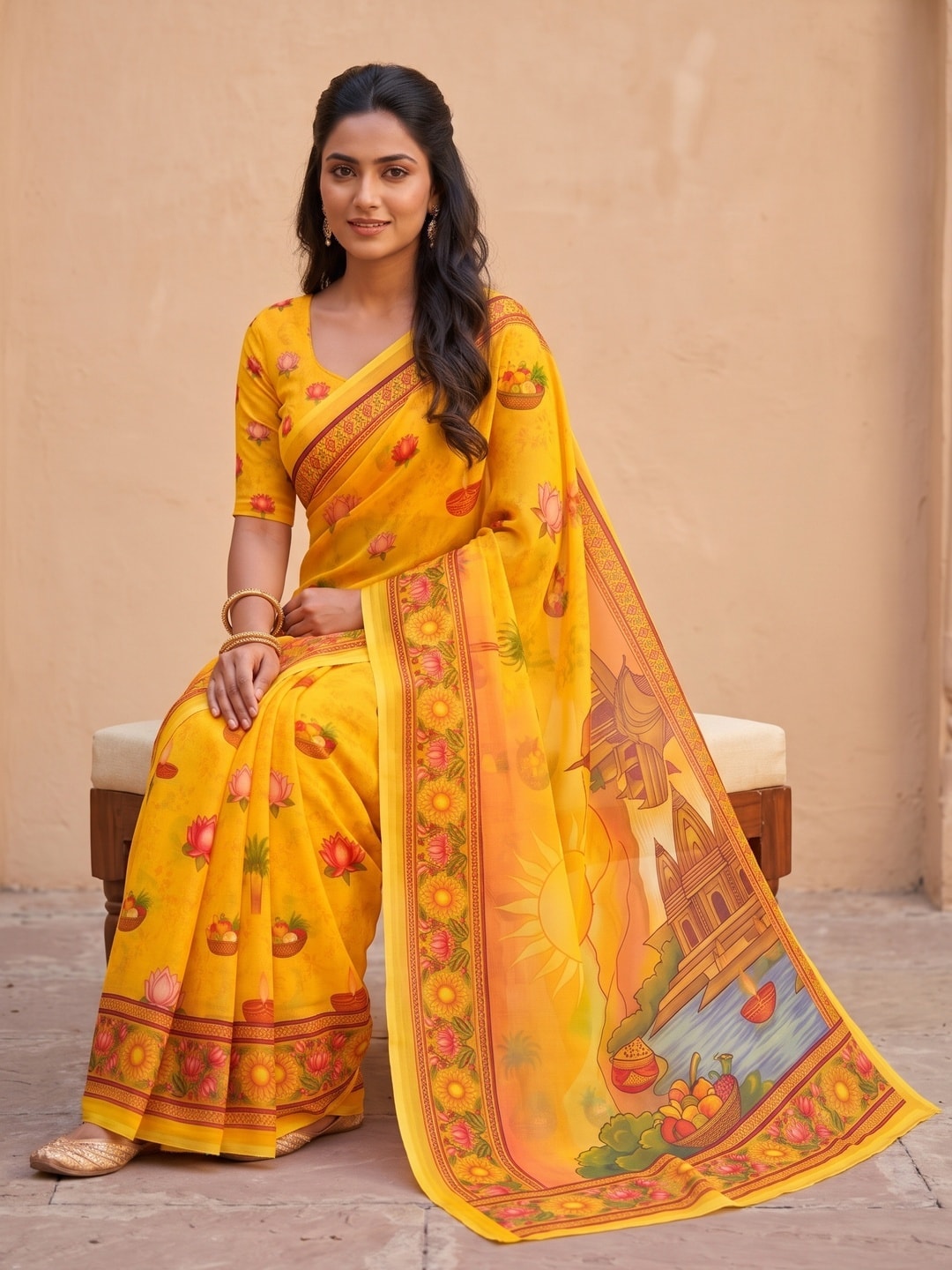 Peachmode Yellow Georgette Digital Printed Festival Saree With Jhaler Pallu - Image 5
