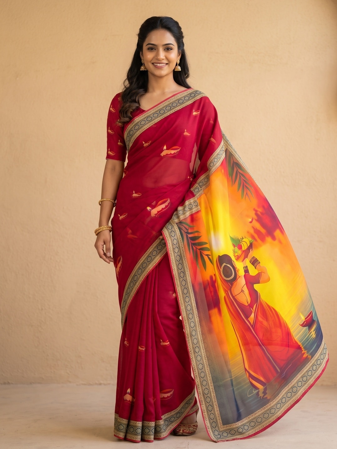 Peachmode Red Georgette Digital Printed Festival Saree With Jhaler Pallu - Image 1