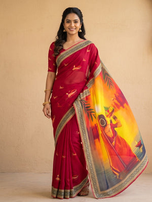 Peachmode Red Georgette Digital Printed Festival Saree With Jhaler Pallu - Image 1