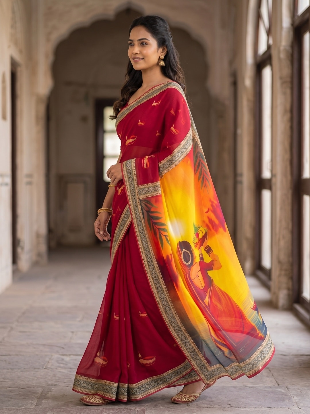 Peachmode Red Georgette Digital Printed Festival Saree With Jhaler Pallu - Image 2