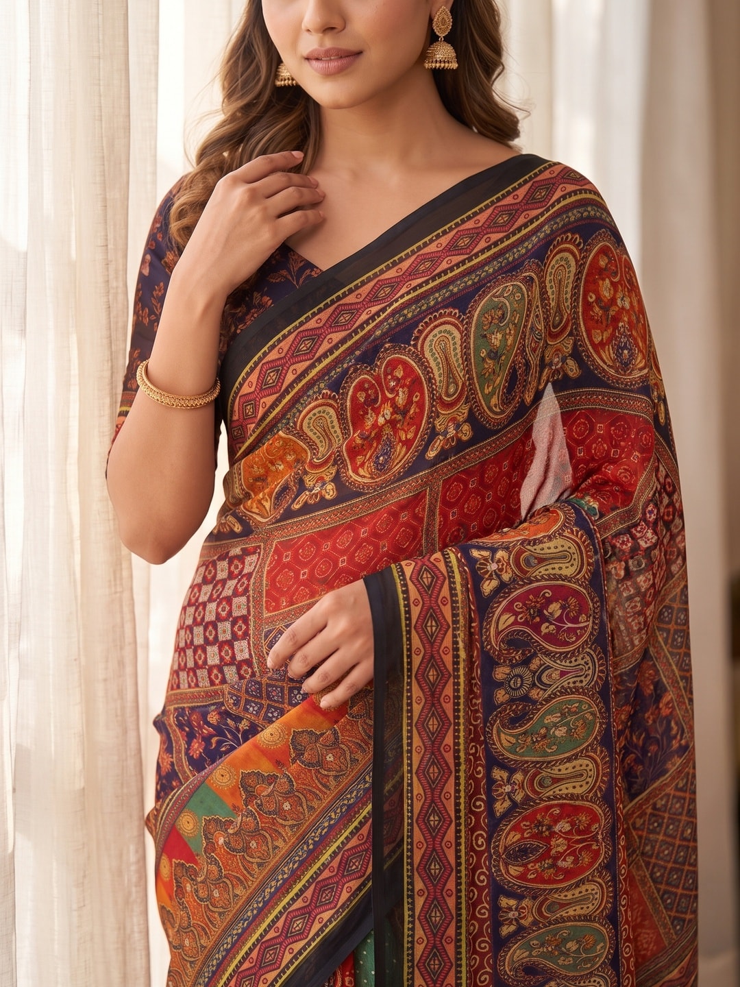 Peachmode Black Weightless Georgette Digital Kalamkari Festival Printed Saree With Mirror Work - Image 3