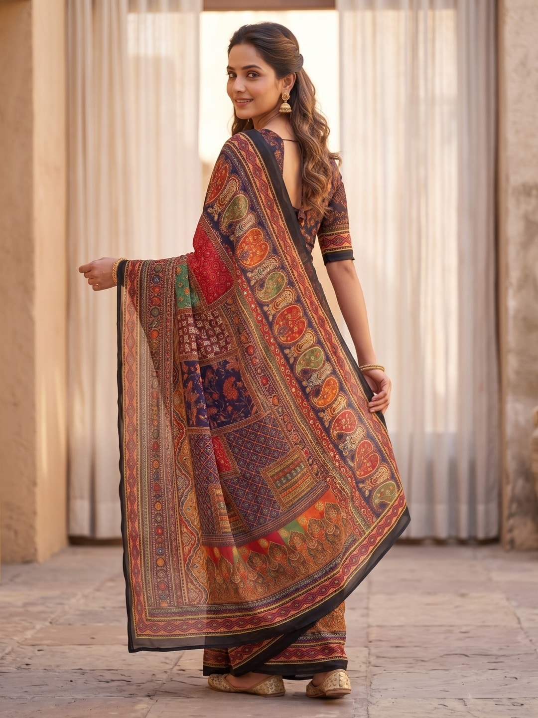 Peachmode Black Weightless Georgette Digital Kalamkari Festival Printed Saree With Mirror Work - Image 4