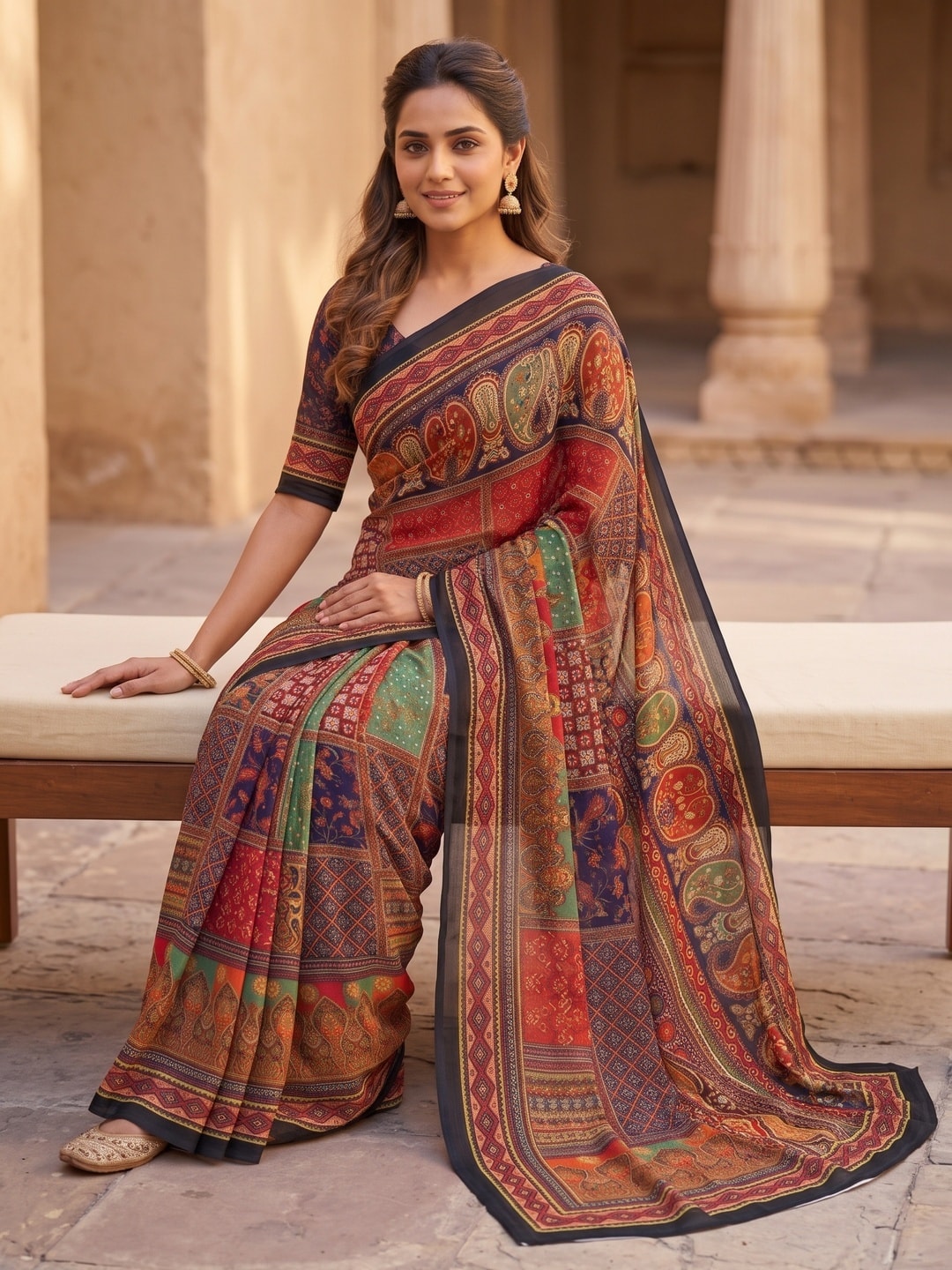 Peachmode Black Weightless Georgette Digital Kalamkari Festival Printed Saree With Mirror Work - Image 5