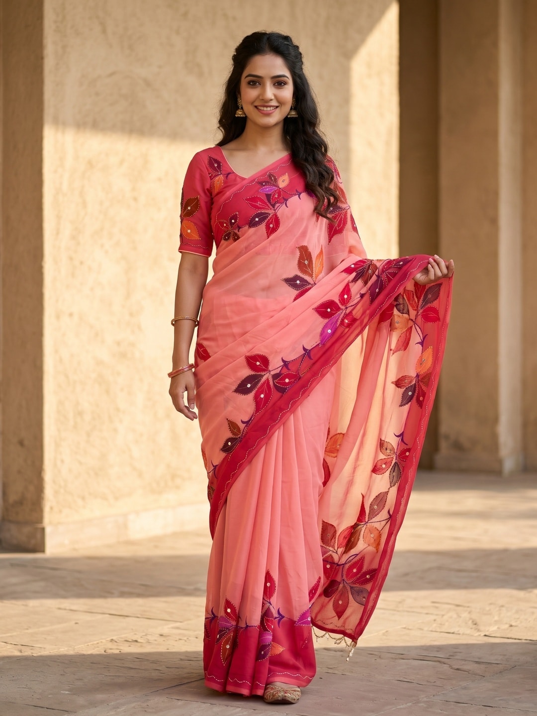 Peachmode Pink Weightless Georgette Digital Kalamkari Festival Printed Saree With Mirror Work - Image 1