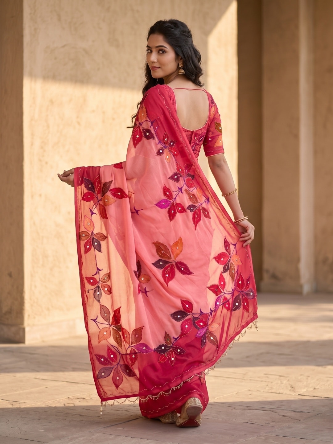 Peachmode Pink Weightless Georgette Digital Kalamkari Festival Printed Saree With Mirror Work - Image 4