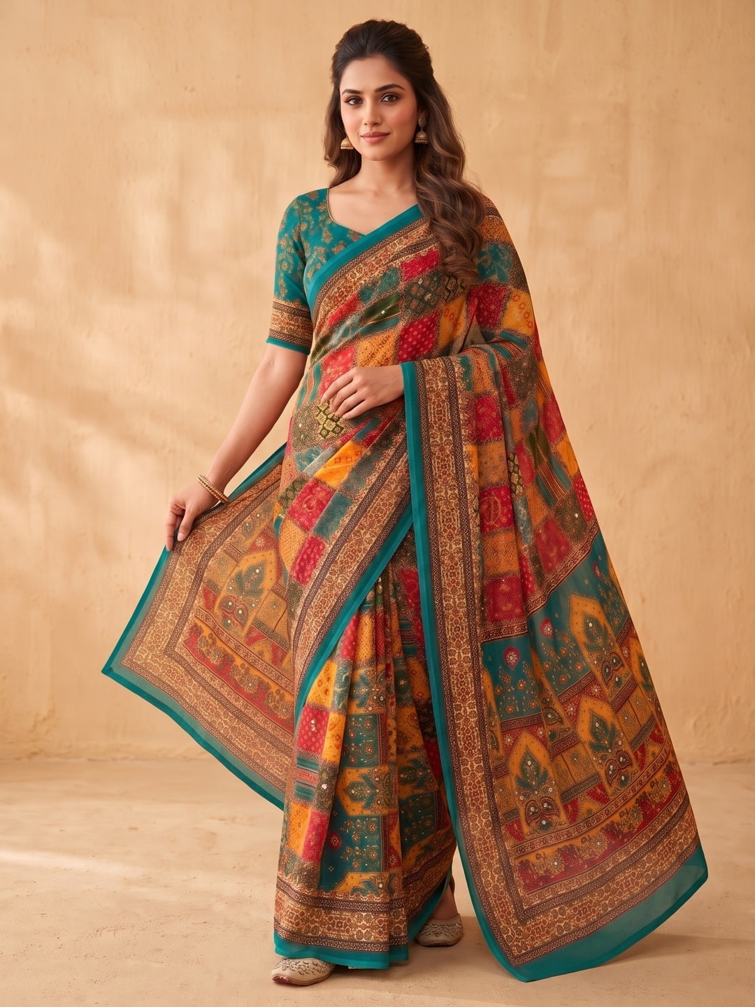 Peachmode Teal Weightless Georgette Digital Kalamkari Festival Printed Saree With Mirror Work - Image 1