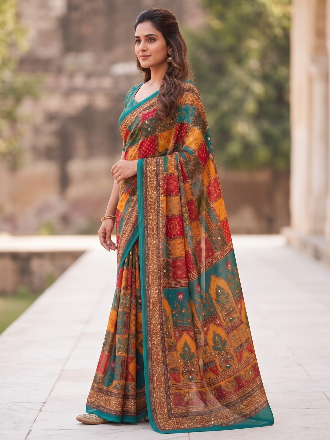 Peachmode Teal Weightless Georgette Digital Kalamkari Festival Printed Saree With Mirror Work - Image 2